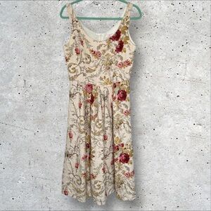 Moods Vintage Womens 10 Floral Linen‎ Midi Fit & Flare Dress Beachy Cottagecore